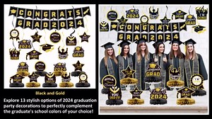 21 Pieces Black and Gold Themed 2024 Graduation Decorations Set includes Congrats Grad Banner, Honeycomb Centerpieces, Hanging Swirl Kit for High School & College Celebrations Party Supplies