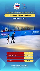 🇵🇭 Team Philippines' Isabella Marie Gamez and Aleksandr Korovin shine in Pair Skating Short Program at the 9th Asian Winter Games. With an impressive score of 55.63, they currently hold 4th place, trailing by just 1.05 points. They advance to the Pair Skating Free Skating event tomorrow at 7:30 PM, ready to fight for a medal. Let’s cheer them on! | POC - Philippine Olympic Committee - Olympic.PH