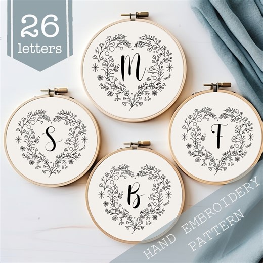 Monogram Alphabet Hand Embroidery Pattern: DIY Floral Heart (PDF Pattern) - Etsy