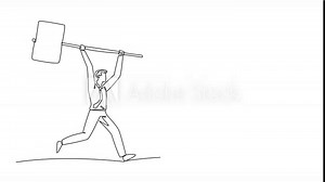 Animation of single continuous line drawing businessman holding a big hammer chasing big running piggy bank. Looking for a solution. Lack of money. Disburse the value of shares. Full length motion