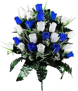 Artificial Cemetery Flowers, Cemetery Decorations for Grave, Fake Faux Red Blue White Silk Roses Bouquet for Outdoor Wedding Headstones Home