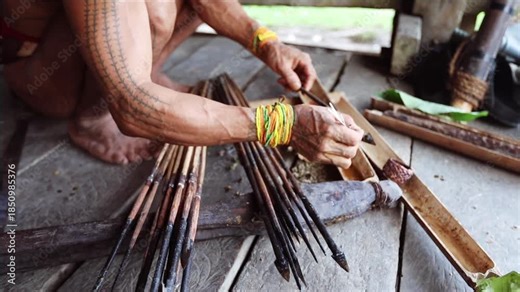 Mentawai shaman in the traditional attire and body decorations preparing the poison for hunting in his hoise in Siberut island West Sumatra Indonesia
