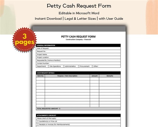 Construction Company Petty Cash Request Form Editable and Printable Template, Construction Admin & Accounting Staff, Finance Departments - Etsy