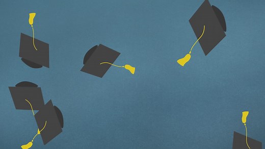 Animation of graduation hats falling on blue background Premium Stock Video Footage