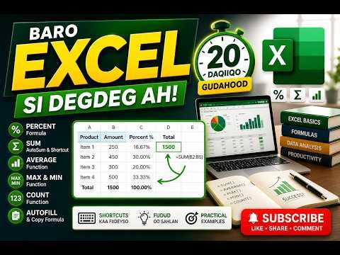 Baro Excel Aasaasi ah 20 Daqiiqo Gudahood | Percent, SUM, AVERAGE, MAX/MIN & AutoFill si Fudud
