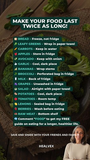 🥬 You're throwing away food that could last twice as long. Here's how to store each one properly: 🍞 Bread → Freeze, not fridge. Fridge dries it out. Freezer preserves freshness for months. 🥬 Leafy greens → Wrap in paper towel. Absorbs moisture and prevents wilting in the fridge. 🥕 Carrots → Keep in water. Stays crisp and hydrated instead of turning rubbery. 🍎 Apples → Store in fridge. Cold slows ripening and keeps them crunchy for weeks. 🥑 Avocado → Keep with onion. Onion's sulfur compound