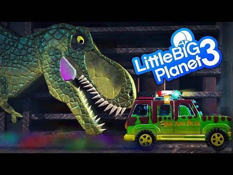 LittleBigPlanet 3 - Jurassic Park - GIANT T-Rex Dinosaur Chases Car With Other Dinosaurs