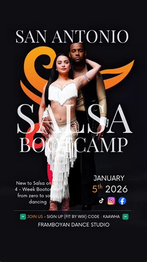 Salsa Boot Camp starts January 5, 2026 💃🔥 Train fundamentals, timing, and confidence — this is where progress begins. Info App: FIT BY WIX Code: KAAWHA 📍 6504 Bandera Rd Ste 2 San Antonio, TX 78238 United States #SalsaBootCamp #SalsaBeginners #SalsaOn2 #LatinDance #DanceTraining