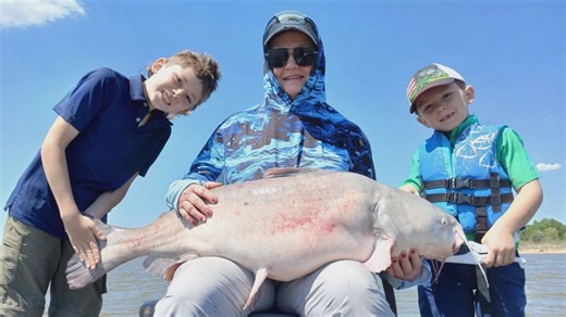 Great catch! Two young anglers reel in 50-pound catfish on Lake Texoma