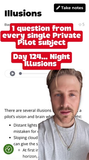 Day 124 of asking a practice question on every single Private Pilot subject from the top rated online ground school, Part Time Pilot. Today’s lesson is on Night Illusions. Drop your answer in the comments 👇 and I will respond with the answer later tonight! Remember, if you want more Private Pilot FAA Written practice questions and you want to choose the subjects to test yourself over and over… get our FREE mobile app at the link in our bio or by searching Part Time Pilot in your devices mobile 