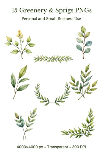 Greenery Clipart PNG Bundle, 15 Watercolor Leafy Sprigs and Botanical PNGs