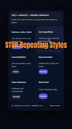 CSS selectors tutorial: :is() + :where(), hover, focus, specificity. #shorts