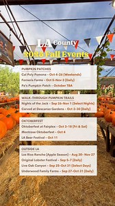 Your Ultimate Fall Events Guide in LA County 2025! 🍂✨ From pumpkin patches to Oktoberfest celebrations, here are the can't-miss events: Pumpkin Patches: 🎃 Cal Poly Pomona: Oct 4-26 (Weekends) 🎃 Forneris Farms: Oct 5-Nov 3 (Daily) 🎃 Pa’s Pumpkin Patch: October TBA Pumpkin Trails: 🌟 Nights of the Jack: Sep 26-Nov 1 (Select Nights) 🌟 Carved at Descanso Gardens: Oct 3-30 (Daily) Festivals & Fairs: 🍴 Family Style Food Fest: Sep 13 🍷 Taste of Arcadia: Sep 13 🚂 Train Fest 2025: Sep 20-21 🎨 Th