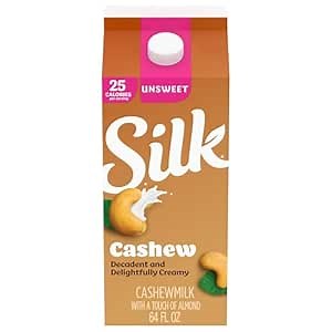 Silk Cashew Milk, Unsweetened, Dairy-Free, Vegan, Non-GMO Project Verified, Half Gallon, 64 Fl Oz