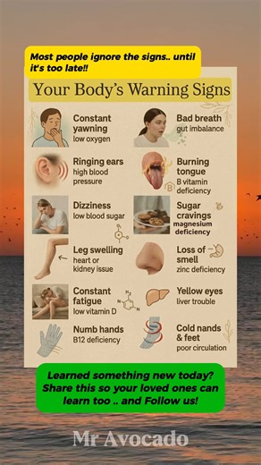23K views · 98 reactions | Health Tips: Subtle body signals worth paying attention to. Experiencing one of these signs? Like and Share to spread awareness!  Follow us for more Healthy Living Lifestyle & Wellness Tips #HealthTips #healthylifestyle #healthyliving #HealthAwareness #healthfacts | Mr. Avocado | Facebook