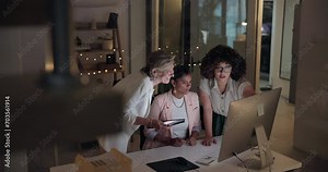 Teamwork, research and computer with business people in office for planning, feedback and night. Project management, strategy and review with women for collaboration, website and proposal together