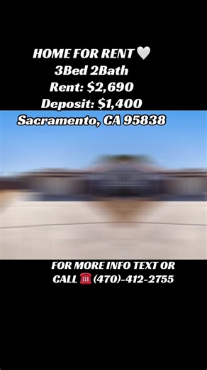 🏡🤍 HOME FOR RENT IN SACRAMENTO, CA! 🤍🏡 Looking for a beautiful, comfortable, and move-in-ready home in Sacramento? This lovely 3 Bedroom | 2 Bathroom home is now available and could be the perfect place for you and your family! 📍 3713 Ripley St, Sacramento, CA 95838 ✨ Property Details: 🛏️ 3 Bedrooms 🛁 2 Bathrooms 💲 Rent: $2,690/month 💰 Security Deposit: $1,400 Enjoy a spacious layout in a convenient location close to schools, parks, shopping centers, restaurants, grocery stores, and maj