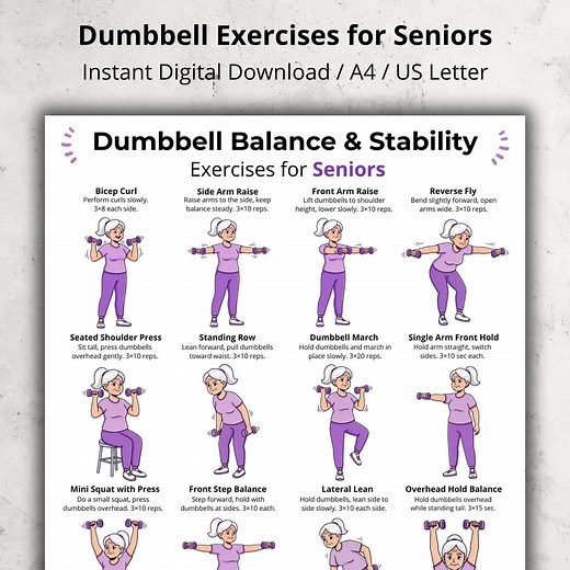 Dumbbell Exercises for Seniors Printable | Balance & Stability PDF Poster | Low Impact Full Body Dumbbell Workout for Older Adults - Etsy
