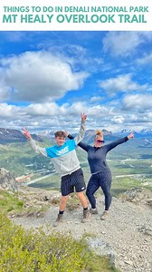 One of our top things to do in Denali National Park and one of our favorite hikes is the Mt Healy Overlook Trail. It is a strenuous hike with a 1700 foot elevation gain over 2.7 miles to the top. Where you are climbing up rocky steps for a lot of the way. The hike takes you through the forest but you get glimpses of the epic views all the way up. Once you are at the top the views are gorgeous!! It is colder at the top so be sure you have layers and that you bring snacks and drink to hang out her