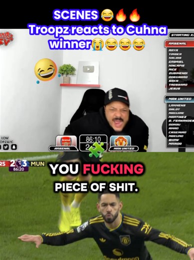 Troopztv reacts to Cuhna winner in the thrilling Arsenal 2-3 Manchester united game🔥. credit: Follow @troopztv for more #arsenal #manchesterunited #PremierLeague #funny #goviral