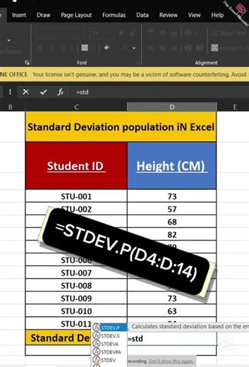 Standard Deviation POPulation N Excrl short Video trich 10 second #excel #exceltips #tips