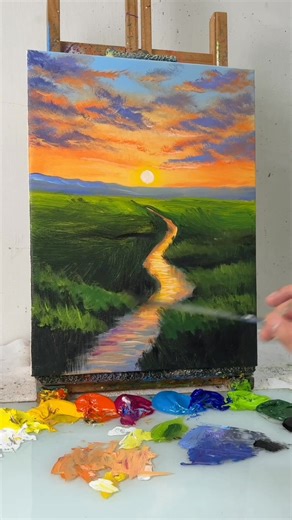 22K views · 252 reactions | Acrylic Sunset Stream Painting | Peaceful Landscape with Flowers and Water | Painting Skills | Facebook