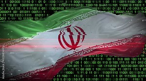 Binary code on flag of Iran. Program source code or Hacker concept on Iranian flag. Iran digital technology security, hacking or programming