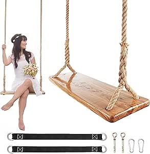 Wooden Tree Swing,Wooden Swing for Adults/Kids with 500lbs Load Capacity,Adjustable Hemp Rope Plus Tree Straps 100 inch, Hanging Wooden Swing for Indoor, Outdoor, Garden,Yard,Backyard (Adult)