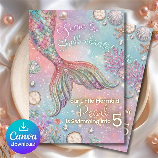 Mermaid Birthday Invitation, Editable Mermaid Party Invite, Under the Sea Birthday, Pastel Mermaid Tail Invitation, Canva Template - Etsy Canada