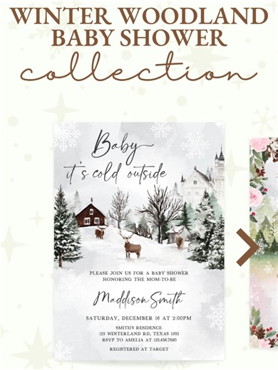 Planning for a Winter Woodland baby shower party? Check out our collection filled with frosty invites that will make your baby shower a memorable one. Visit our website today and try our free demo! 🦌 🌲 #winterbabyshower #winter #babyitscoldoutside #winterwonderland #woodland #babyshower #babyshowerideas #mommytobe