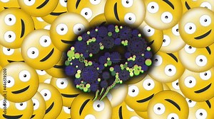 Digital animation of glitch effect over human brain icon against against multiple silly face emojis