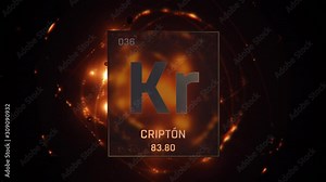 Krypton as Element 36 of the Periodic Table. Seamlessly looping 3D animation on orange illuminated atom design background with orbiting electrons. Name, atomic weight, element number in Spanish langua Stock Video