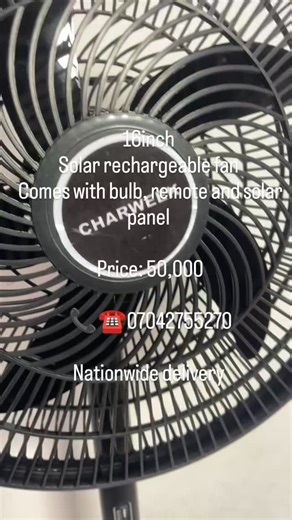 BONERGY NIGERIA LIMITED on Instagram: "Rechargeable solar fan Last 10hours plus Solar panel ✅ Bulb ✅ Remote control ✅ Last long ✅ Lithium battery ✅ ☎️📞07042755270 #solar #solarfan"