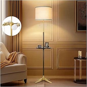 Farmhouse Country Cottage Floor Lamp with Metal Tray for Living Room,S Cluster Pull Chains Dual Switch Standing Lamp with Beige Linen Shade, Warm Gold & Brown Finish Tall Lamps for Reading,Bedroom