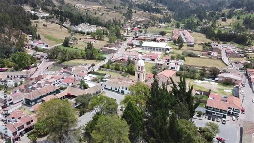 Iza, Boyaca - Colombia. March 3, 2026. Panoramic drone view of the town's main church.