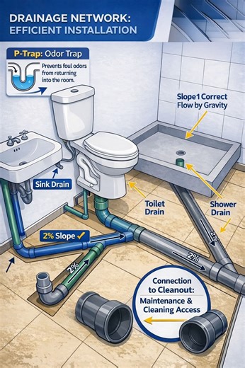 🔑 Core Points for "Perfect Bathroom Installation" - Bad smells & clogs = design error Most drainage problems come from poor slope calculation, not lack of cleaning. - Pillar 1 – The Power of the Siphon - The “U” curve creates a hydraulic seal. - Blocks sewer gases and prevents odors. - Essential for hygiene and comfort. - Pillar 2 – Rule of 2% Slope - Exactly 2% slope ensures smooth flow. - Too flat → stagnation. - Too steep → water outruns solids. - Balance keeps the system efficient. - Pillar