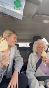 13K views · 43 reactions | This woman and her grandma were sitting in the car enjoying ice cream when someone approached and greeted the grandma, wishing her a good time with her treat. The grandma responded kindly. But as soon as the person walked away, she turned to her granddaughter and asked who that was. The granddaughter couldn't help but laugh at her reaction. | Jukin Copyright Management | Facebook