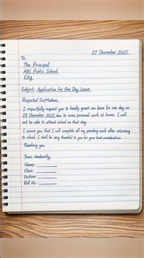One Day Leave Application ✍️ | Notebook Style | Simple English Leave Application