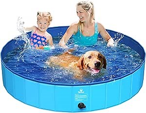 Pawaboo Foldable Large Dog Pool, Collapsible Pet Bath Pool Bathing Tub, Hard Plastic Doggie Wading Pool for Indoor and Outdoor, Portable Dog Swimming Pool for Small Medium Large Dogs and Cats(59"x12")