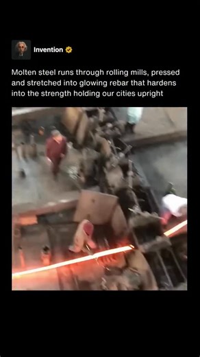 Invention on Instagram: "In a steel rolling mill, molten steel is first cast into solid billets and then reheated until it glows a deep orange. These billets are fed through a series of powerful rolling machines that press and stretch the metal into long, uniform bars. The heat and pressure shape the steel into its final form, transforming raw molten material into precise lengths of rebar ready for construction. Each pass through the rollers aligns the internal grain structure of the steel, maki