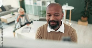 Mature, businessman and thinking of solution in office for financial growth and happy with problem solving. Manager, employer and writing on whiteboard with planning, project inspiration and strategy