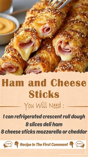 Ham and Cheese Sticks Ingredients 1 can refrigerated crescent roll dough 8 slices deli ham 8 cheese sticks (mozzarella or cheddar) Full Recipe in Coʍmеոτ 💬 | Very Good Recipes