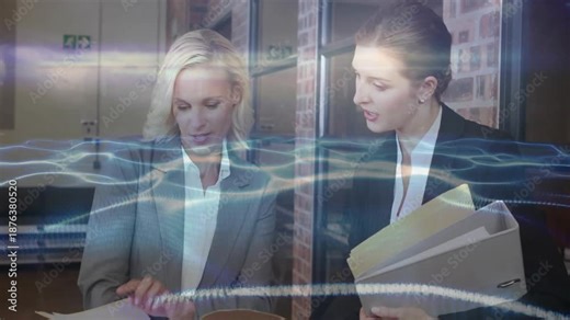 Woman opening folder flipping for review in office coworker pointing as digital wave animating docs