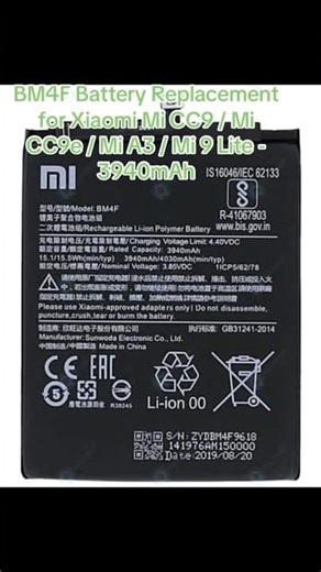 BM4F Battery Replacement for Xiaomi Mi CC9 / Mi CC9e / Mi A3 / Mi 9 Lite - 3940mAh