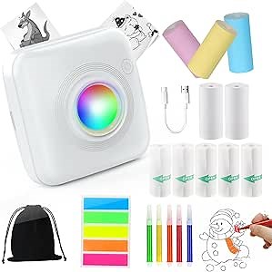 HBCX Sticker Printer, Thermal Portable Mini Printer for Phone/iPhone, Inkless Sticker Machine Pocket Printer for Kids, Small Printer with 11 Rolls Paper for Photo Journal Notes Memo Girls Gift