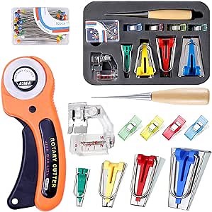Bias Tape Makers Set - Sewing Fabric Bias Tape Making Kit, Bias Tape Maker Tool 4 Sizes with Binder Foot, Quilting Clips, Awl and Fabric Cutter for Patchwork Sewing Quilting Binding