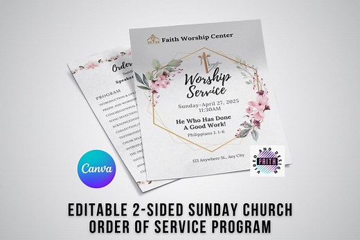 Floral Church Program Template: 2-sided Order of Service (canva Editable, Printable PDF) - Etsy