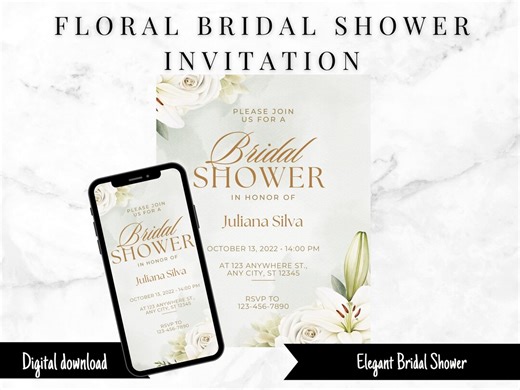 Floral Bridal Shower Invitation, Elegant White Roses (instant Download 5x7 in Template) - Etsy