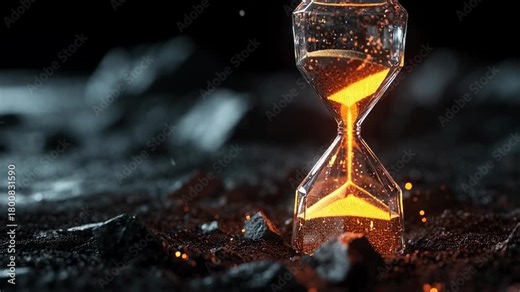 crystal hourglass glowing faintly in dark minimal scene, surreal time concept