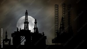Offshore drilling rig on the sea, Time Lapse by Night with Full Moon